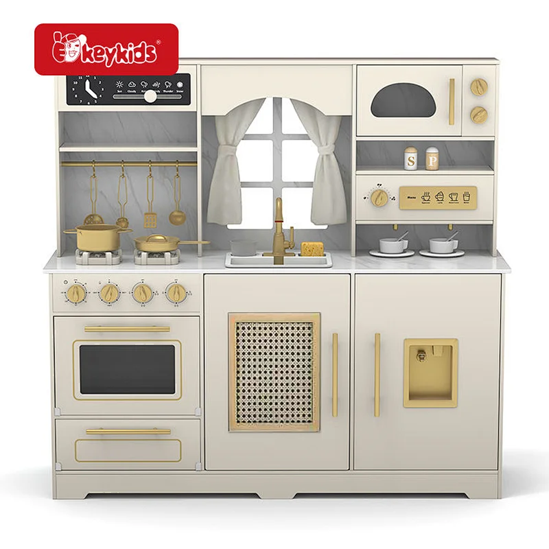 Interactive Wooden Play Kitchen Set with Lights & Sounds - Pretend Chef Cooking Toy for Toddlers & Kids W10K039